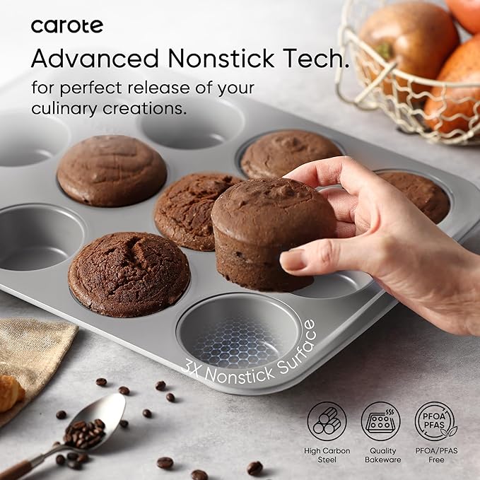 CAROTE 7-Piece Nonstick Stackable Baking Pans Set - Bakeware Sets Including Cookie Sheets for Baking, Muffin Pan, Bread Pan, Cake pan, Loaf Pan, Roasting Pan, Gray & Blue - Image 4