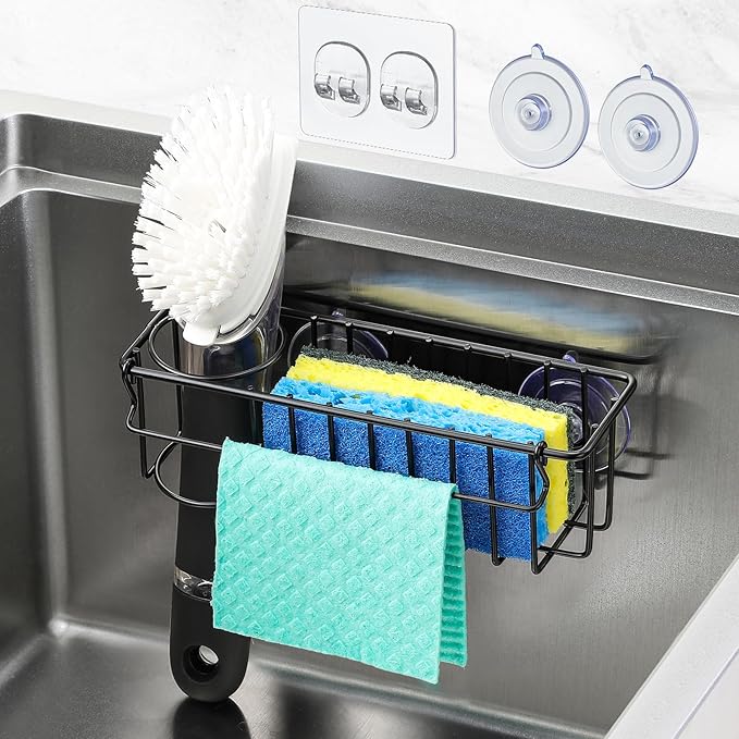 3-In-1 Sponge Holder for Kitchen Sink, 2 Type Suspension Options (Suction Cups & Adhesive Hook), Hanging Sink Caddy Organizer Rack - Sponge, Dish Cloth, Brush, Scrubber, 304 Stainless Steel - Black by MakeLifeBetterEasier