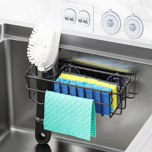 3-In-1 Sponge Holder for Kitchen Sink, 2 Type Suspension Options (Suction Cups & Adhesive Hook), Hanging Sink Caddy Organizer Rack - Sponge, Dish Cloth, Brush, Scrubber, 304 Stainless Steel - Black by MakeLifeBetterEasier