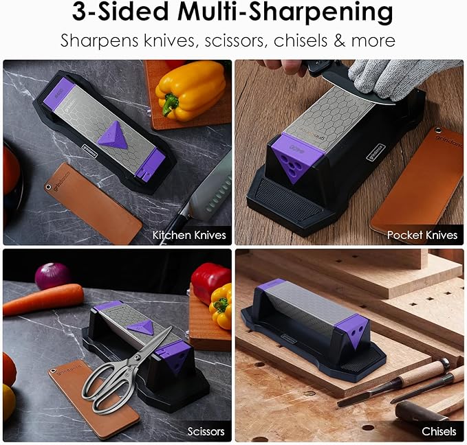 3-Sided Diamond Sharpening Stone 400/1000/8000 Grit Whetstone with Angle Guide, Non-Slip Base, Leather Strop & Glove Premium Knife Sharpener for Kitchen, Hunting & Outdoor