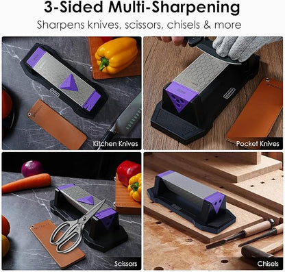3-Sided Diamond Sharpening Stone 400/1000/8000 Grit Whetstone with Angle Guide, Non-Slip Base, Leather Strop & Glove Premium Knife Sharpener for Kitchen, Hunting & Outdoor