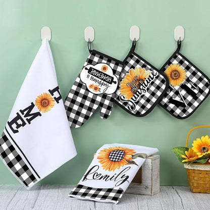 5 Pieces Buffalo Plaid Kitchen Towels Oven Mitts and Pot Holder Set Black and White Kitchen Towels Oven Gloves, Hot Pads Pot Holders for Farm House Accessories Decor(Sunflower) - Image 6