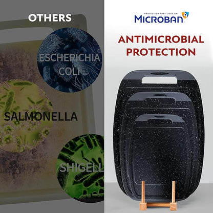 Neoflam Microban Antimicrobial Plastic Cutting Board 3 Sets, BPA Free, Non-Slip EZ Grip Handle, Dishwasher Safe, with Juice Groove