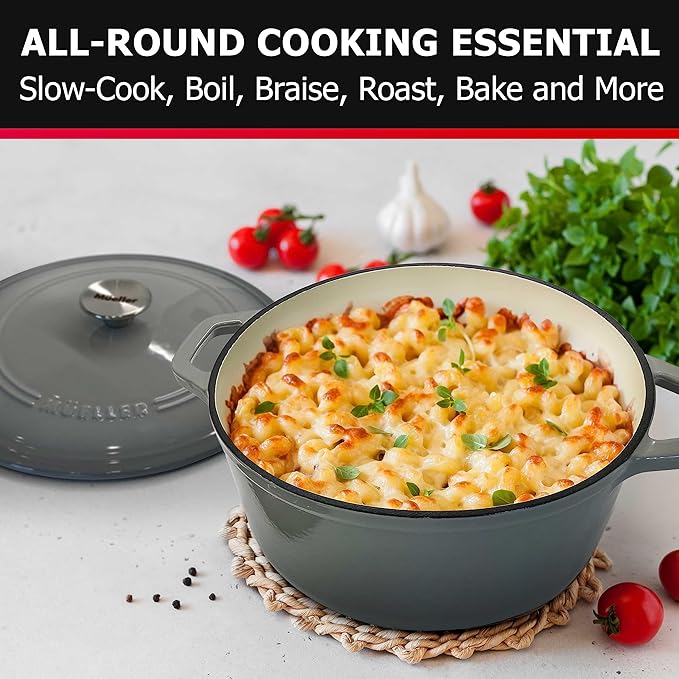 Mueller 6 Quart Enameled Cast Iron Pot Dutch Oven, Heavy-Duty Oven-Safe up to 500° F, & Across All Cooktops, Casserole Dishes for Ovens, Bread Pan with Lid and Knob, Cast Iron Cookware, Grey - Image 6