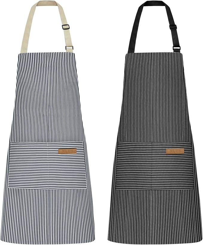 NLUS 2 Pcs Kitchen Cooking Aprons, Poly/Cotton Blend Adjustable Soft Bib Stripe Aprons with 2 Pockets for Women Men Chef (Blue Pinstripes/Black Pinstripes) by NLUS
