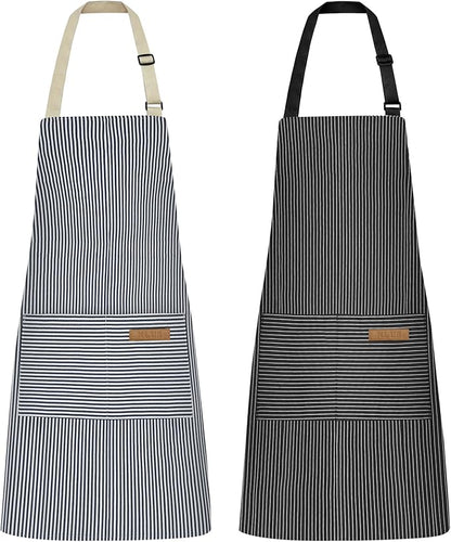 NLUS 2 Pcs Kitchen Cooking Aprons, Poly/Cotton Blend Adjustable Soft Bib Stripe Aprons with 2 Pockets for Women Men Chef (Blue Pinstripes/Black Pinstripes) by NLUS