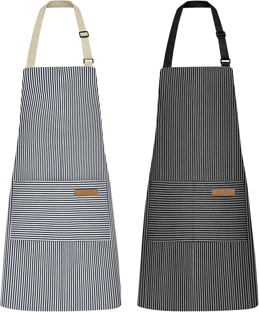 NLUS 2 Pcs Kitchen Cooking Aprons, Poly/Cotton Blend Adjustable Soft Bib Stripe Aprons with 2 Pockets for Women Men Chef (Blue Pinstripes/Black Pinstripes) by NLUS