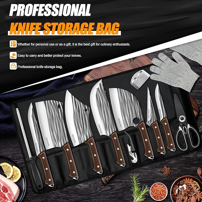 MDHAND Butcher Knife Set, 14PCS Hand Forged Serbian Chef Knife Set with Roll Bag, Heavy Duty Meat Cleaver Knives, Boning Knife, Meat Cutting Knife for Home Kitchen & Camping BBQ, Gifts for Men Women
