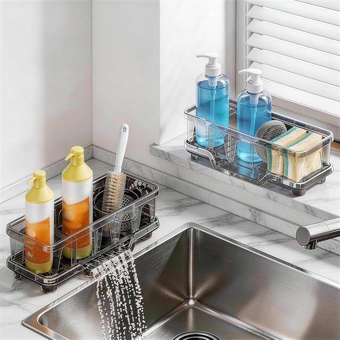 Kitchen Sink Sponge Holder, Sink Caddy Organizer with Compartments, Self-Draining and Easy-Clean Design, Sink Caddy for Kitchen Sink, Bathroom, Vanity, Countertop Storage, Kitchen Sink Caddy Organizer - Image 6