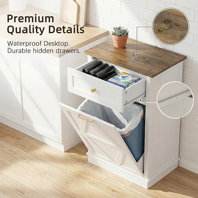 YESHOMY Tilt Out Trash Cabinet,10 Gallon Hidden Wooden Bin Cabinets, Laundry Hamper with Drawers, for Kitchen, Dining Room, White