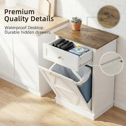 YESHOMY Tilt Out Trash Cabinet,10 Gallon Hidden Wooden Bin Cabinets, Laundry Hamper with Drawers, for Kitchen, Dining Room, White