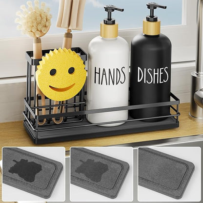 Moforoco Kitchen Dish Soap Dispenser Set, 16OZ Glass Bottle, Hand and Dish Soap Dispenser Set, Instant Dry Tray, Brush Holder with Smiley Face Sponge Holder (Black Tray+Black&White Bottle) by MOFOROCO