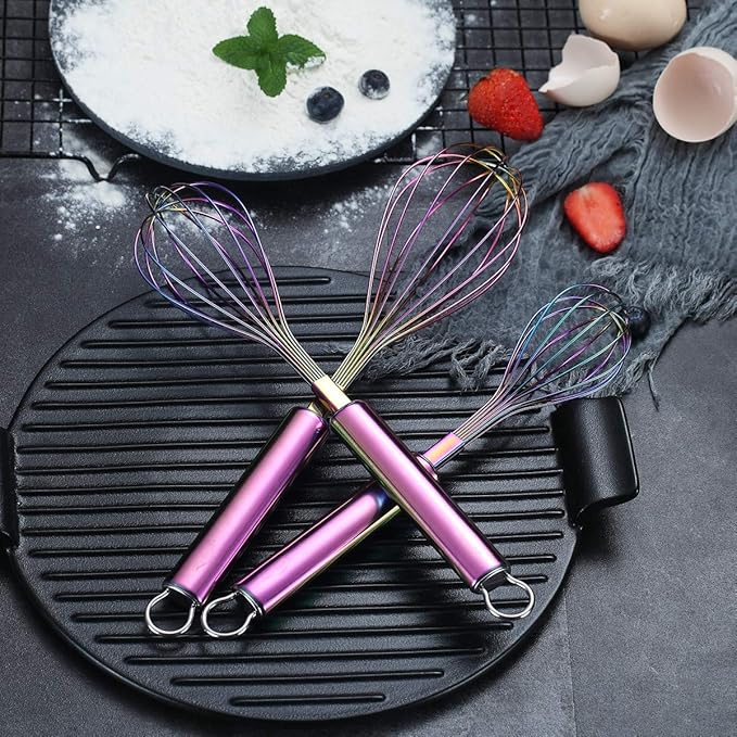 Berglander Rainbow Whisk Pack of 3 Stainless Steel 8",10",12", Titianium Plating Colorful Whisk for Cooking, Beater,Wire Whisk Set Kitchen Wisk (Rainbow) - Image 4