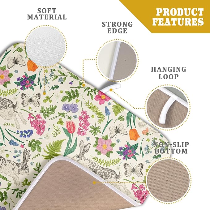Spring Easter Dish Drying Mat for Kitchen Counter 16x18 Rabbit Bunny Green Pink Floral Vintage Print Absorbent Reversible Microfiber Drying Mats Kitchen Countertop Protector Dishes Drainer Rack Pad - Image 4