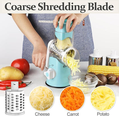Cambom Rotary Cheese Grater Hand Crank Cheese Shredder for Fresh Cheese, Vegetable, Nuts,Non-slip Suction Base, Five Blades, Blue - Image 3