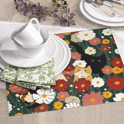 Cute Cat Flowers Dish Drying Mat 16x18 Inch, Microfiber Absorbent Fast Dry Mat Colorful Floral Large Dish Mat Drying Kitchen Mat, Kitchen Drying Pad for Kitchen Counter Coffee Bar Decor Gifts