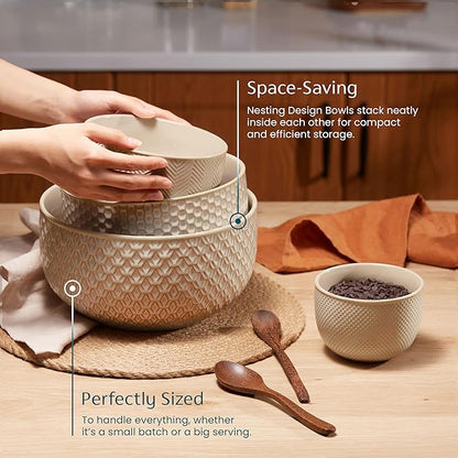 KooK Ceramic Mixing Bowls, Nesting Set of 4, Embossed Kitchen Dishware, Prep, Serving, Gift, Microwave and Dishwasher Safe, 20/44/98/145 oz, Narbonne Collection (Almond) - Image 3