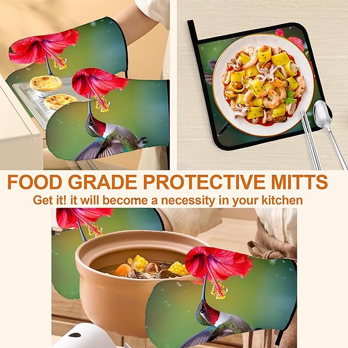 Oven Mitts and Hot Pads Set - Hummingbird Flower Design, Heat Resistant Cute Pot Holders for Kitchen, Baking Gifts for Women