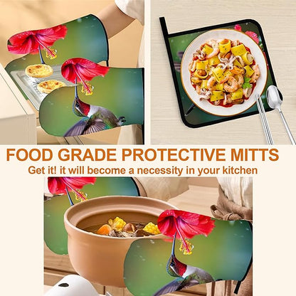 Oven Mitts and Hot Pads Set - Hummingbird Flower Design, Heat Resistant Cute Pot Holders for Kitchen, Baking Gifts for Women