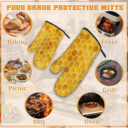 Honeycomb Oven Mitts and Pot Holders Set,Bee Kitchen Decor Heat Resistant Non Slip Hot Pads and Oven Mitt for Chef Cooking Baking BBQ Mom Girl Gifts(4 Piece Set)
