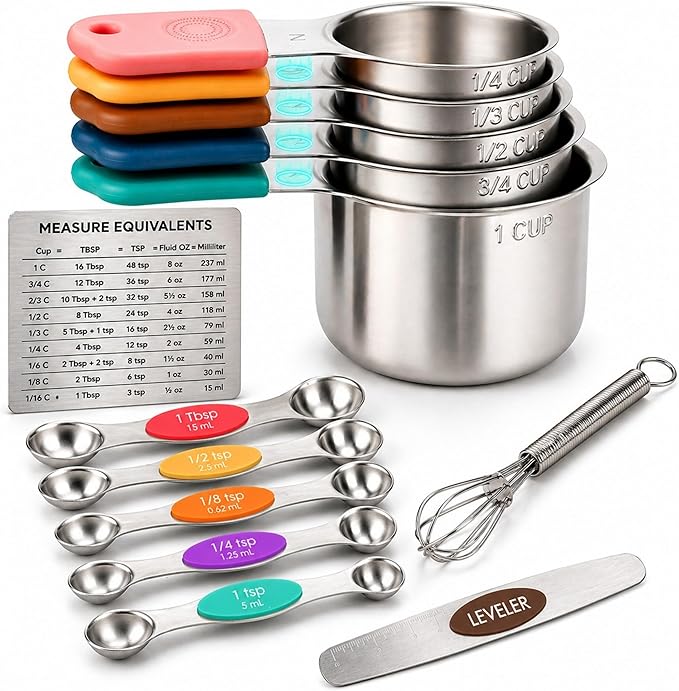 Magnetic Measuring Cups and Spoons Set, 13 Piece 304 Heavy Duty Stainless Steel with Leveler, Mini Whisk & Conversion Chart, Stackable Nesting Design, Double Sided Spoons for Dry & Liquid Ingredients