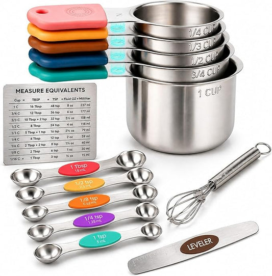 Magnetic Measuring Cups and Spoons Set, 13 Piece 304 Heavy Duty Stainless Steel with Leveler, Mini Whisk & Conversion Chart, Stackable Nesting Design, Double Sided Spoons for Dry & Liquid Ingredients