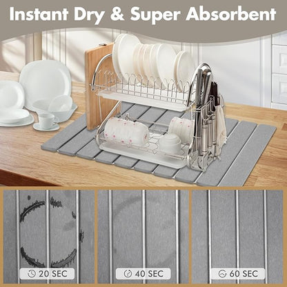 Large Stone Dish Drying Mat for Kitchen Counter, Eco-friendly, Instant Drying Pad,Diatomaceous Earth Water Absorbing Mat, Foldable and Super Absorbent Dish Drying Stone Mat, 24"×16", Light Gray - Image 5