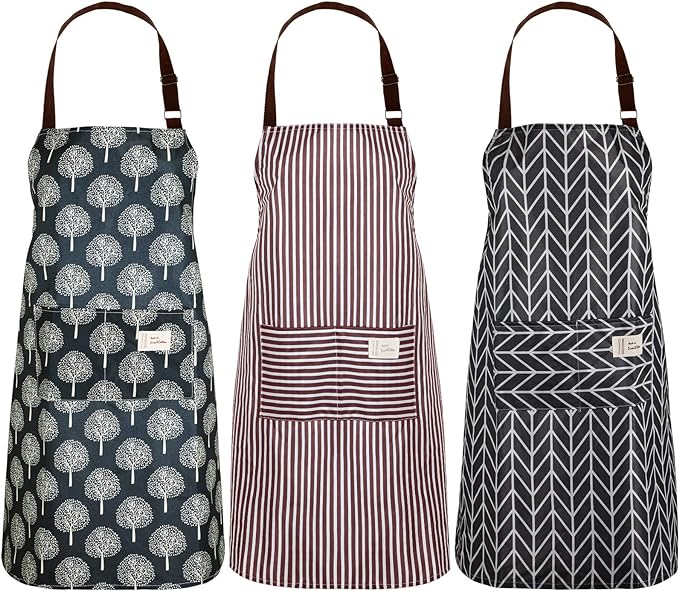 SATINIOR 3 Pieces Waterproof Bib Apron with 2 Pockets Adjustable Cooking Kitchen Apron for Women Men Chef BBQ Baking Cleaning