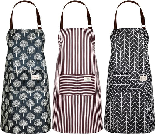 SATINIOR 3 Pieces Waterproof Bib Apron with 2 Pockets Adjustable Cooking Kitchen Apron for Women Men Chef BBQ Baking Cleaning