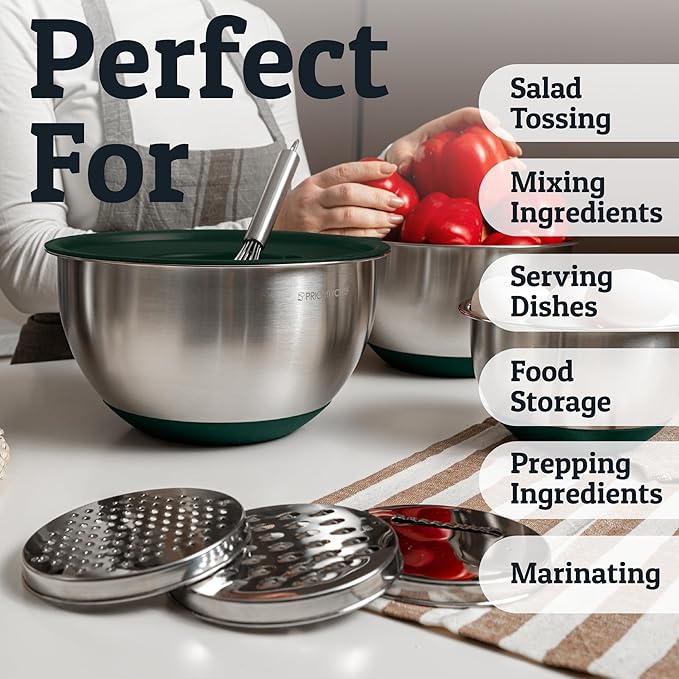 Priority Chef Stainless Steel Mixing Bowls with Lids Set, 3 Grater Attachments, Airtight Lids, Non-Slip Silicone Base Mixing Bowl Set, Large Prep Metal Mixing Bowls for Kitchen, Green - Image 6