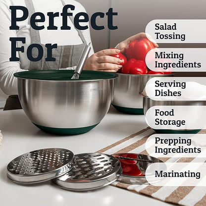 Priority Chef Stainless Steel Mixing Bowls with Lids Set, 3 Grater Attachments, Airtight Lids, Non-Slip Silicone Base Mixing Bowl Set, Large Prep Metal Mixing Bowls for Kitchen, Green - Image 6