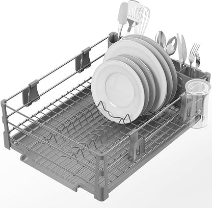Simple Houseware Dish Drying Rack with Drainboard, Utensil Holder & Mug Hooks, Silver Metal Kitchen Counter Organizer by SimpleHouseware