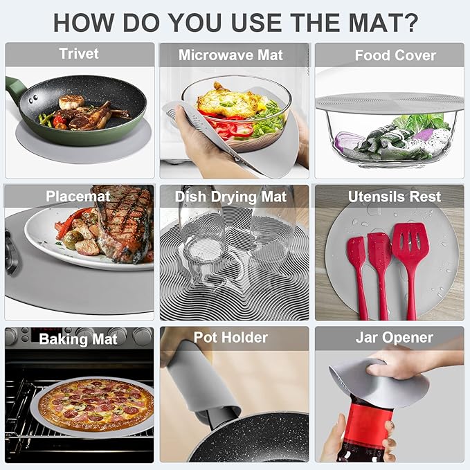 LekDrok Microwave Food Cover with Mat 12 Inch, Mat as Bowl Holder, Cover for Splatter Guard, Collapsible Lid for Plate Dish, Multi-Purpose Silicone Mat & Kitchen Colander Gadget for Meal Prep,Charcoal - Image 4