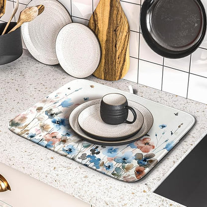 Giwawa Watercolor Floral Dish Drying Mat, 16"x18" Blue Grey Brown Flowers Kitchen Drainer Mats, Spring Summer Wildflower Microfiber Small Dish Drying Pad for Countertop Tabletop Decoration