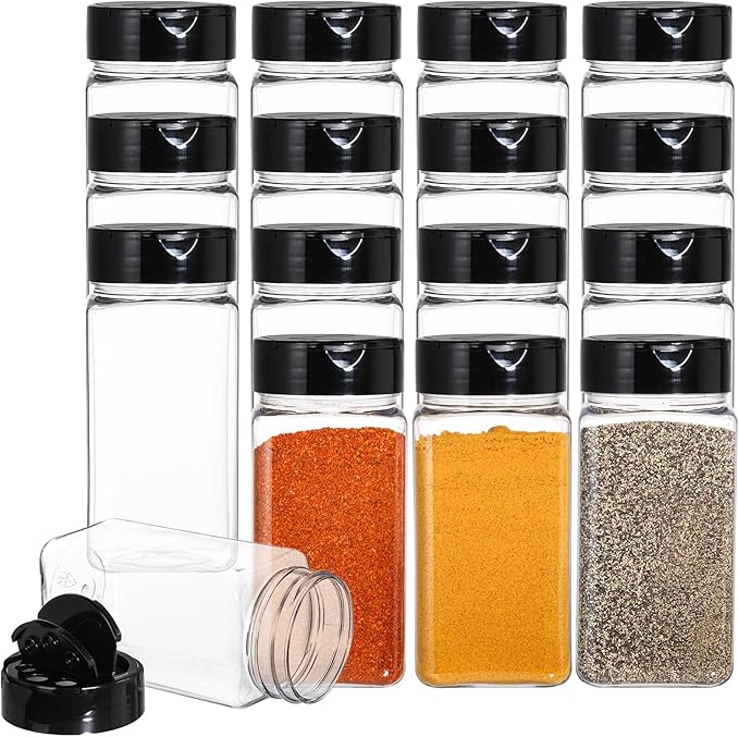 Bekith 16 Pack 9 oz Plastic Spice Jars with Black Cap, Plastic Spice Bottles Empty Seasoning Containers for Storing Spice, Herbs and Powders by Bekith