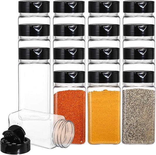 Bekith 16 Pack 9 oz Plastic Spice Jars with Black Cap, Plastic Spice Bottles Empty Seasoning Containers for Storing Spice, Herbs and Powders by Bekith