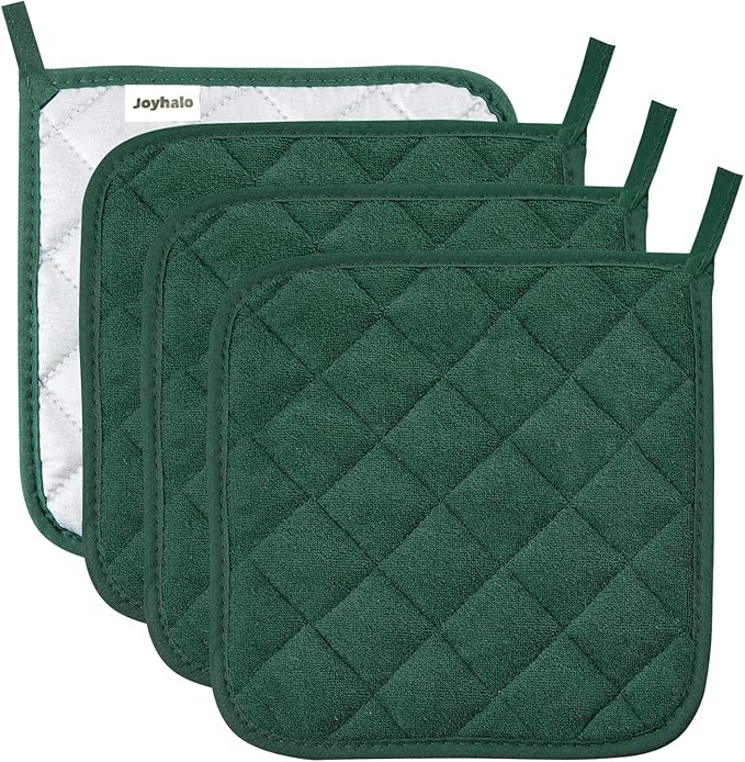 Joyhalo 4 Pack Pot Holders for Kitchen,Cotton Oven Holder with Great Heat Resistance,Non Slip Hot Pads for Kitchen Clearance,Dark Green by Joyhalo