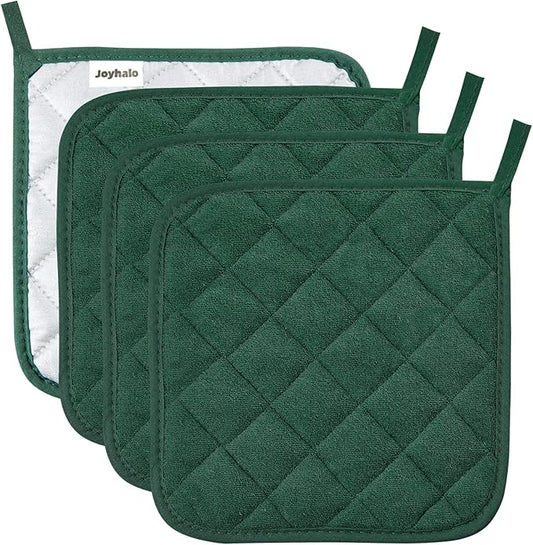 Joyhalo 4 Pack Pot Holders for Kitchen,Cotton Oven Holder with Great Heat Resistance,Non Slip Hot Pads for Kitchen Clearance,Dark Green by Joyhalo