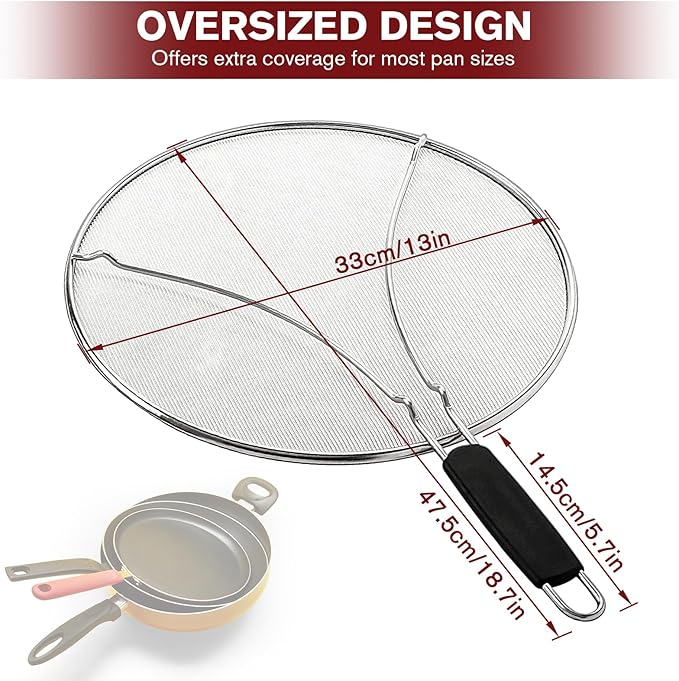 Splatter Screen for Frying Pan & Food Strainer,13 Inch Stainless Steel Grease Splatter Guard,Shield from Splashing Oil, Dishwasher Safe(Black) - Image 2
