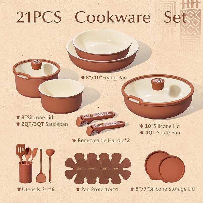 CAROTE 21-Piece Ceramic Cookware Set, Nonstick Pots and Pans Set with Detachable Handle, Non-Toxic Kitchen Cooking Set, Induction Compatible, Dishwasher & Oven Safe, Terracotta - Image 2