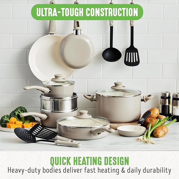 GreenLife 16 Piece Nonstick Cookware Set, Soft Grip Non-Toxic PFAS-Free Ceramic Pots & Pans, Dishwasher & Oven Safe, Frying, Sauce, Saute, Utensils, Glass Lids, Stay-Cool Handles, Wobble Free, Taupe - Image 5