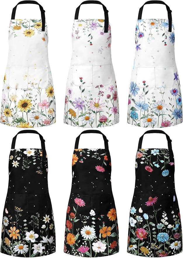 Bencailor 6 Pcs Spring Kitchen Aprons with Pockets Flower Rooster Bee Butterfly Sunflower Summer Aprons Bulk for Women(Bright Color,Flower) by Bencailor
