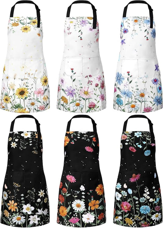 Bencailor 6 Pcs Spring Kitchen Aprons with Pockets Flower Rooster Bee Butterfly Sunflower Summer Aprons Bulk for Women(Bright Color,Flower) by Bencailor