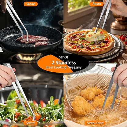 12-Inch 2-in-1 Kitchen Tongs Set, Round & Curved Stainless Steel BBQ Tongs with Non-Slip Grip, Dishwasher Safe for Grilling Steak & Salad