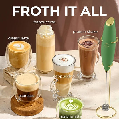 Zulay Kitchen Patented Tornado Triple Whisk Milk Frother with 4 Duracell Batteries – Handheld Foam Maker for Coffee, Lattes, Matcha & Hot Chocolate – Rich, Creamy Froth in Seconds - Olive & Gold - Image 5