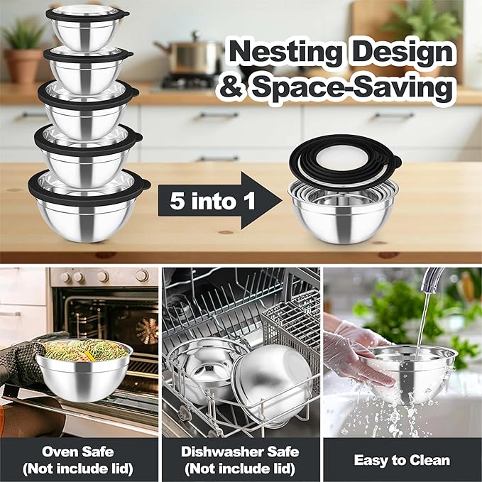 TeamFar Mixing Bowls Set, 4.5/3/1.5/1/0.7 QT Stainless Steel Nesting Salad Bowls with Airtight Lids, For Serving/Mixing/Storing, Non-Toxic & Heavy Duty, Visible & Easy Clean, Black, Set of 5 - Image 7