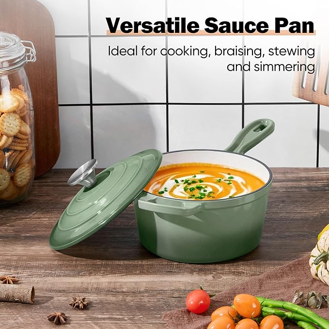 Homikit 1 QT & 2 QT Saucepan Set, Enameled Cast Iron Saucepan with Lid for All Cooktops, Small Pot Mini Dutch Oven for Kitchen Cooking, Boiling, Nonstick & Heavy Duty, Sage Green