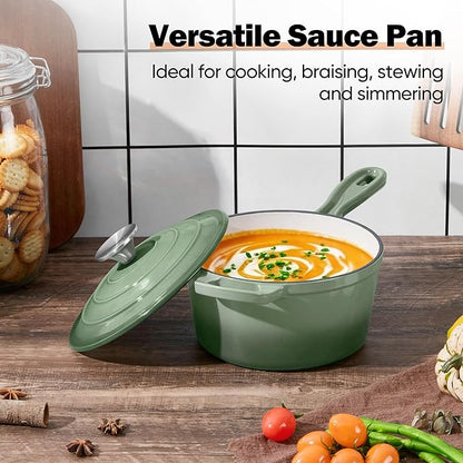 Homikit 1 QT & 2 QT Saucepan Set, Enameled Cast Iron Saucepan with Lid for All Cooktops, Small Pot Mini Dutch Oven for Kitchen Cooking, Boiling, Nonstick & Heavy Duty, Sage Green
