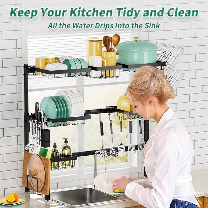 Over The Sink Dish Drying Rack,Expandable Length 3-Tier Large Stainless Steel Over The Sink Dish Rack with 6 Baskets, Utensil Holder Dish Drainers for Kitchen Counter - Image 6