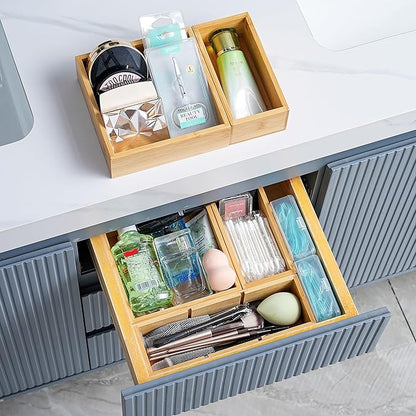 Fabsome Drawer Organizer, Set of 9 Bamboo Wood Kitchen Makeup Desk Junk Tea Drawer Storage Boxes Bins for Cutlery Silverware Utensils Flatware, Small Wooden Container Tray for Bathroom, Office - Image 3